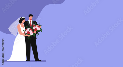 Happy wedding couple holding bouquets of roses on their special day. Represents love, union, and celebration of marriage. Ideal for event planning, invitations, or relationship concepts.
