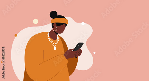 Stylish woman engaged with her smartphone, representing modern communication, digital lifestyle, and online connectivity. Ideal for technology or social media concepts.