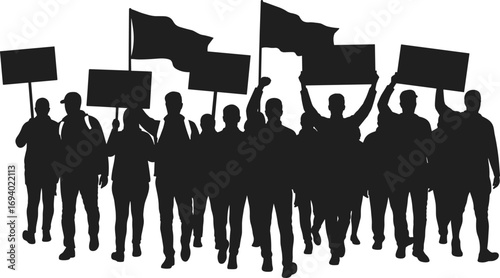Silhouette of Protesters Marching with Banners and Flags – Vector Illustration for Political Movement, Social Justice, Activism, and Public Demonstration Concepts