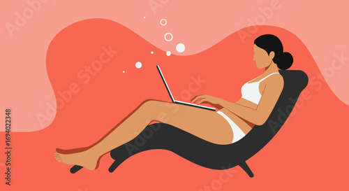 Woman in a swimsuit relaxing on a lounge chair while working on her laptop. Ideal for remote work, digital nomad, and vacation lifestyle concepts.