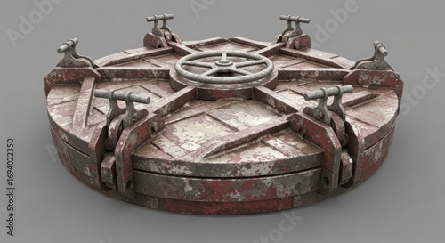 Circular, rusty hatch featuring radial beams, central wheel, and locking mechanisms, set on a plain background
