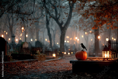 Halloween Cemetery Scene with Crow and Lantern in Misty Autumn Atmosphere