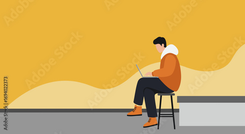 Young person focused on a laptop, working remotely or studying online in a modern, minimalist setting. Depicts productivity, digital work, and flexible lifestyle.