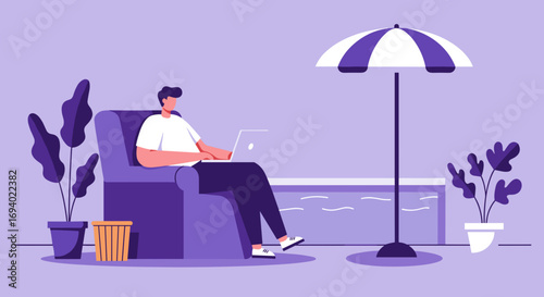 Man working remotely on a laptop while relaxing in an armchair by a swimming pool under an umbrella. Represents flexible work, vacation, and modern lifestyle.