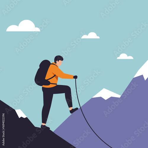 A determined hiker ascends a steep mountain peak, holding a rope with a backpack, under a clear sky. Represents adventure, challenge, and outdoor lifestyle.