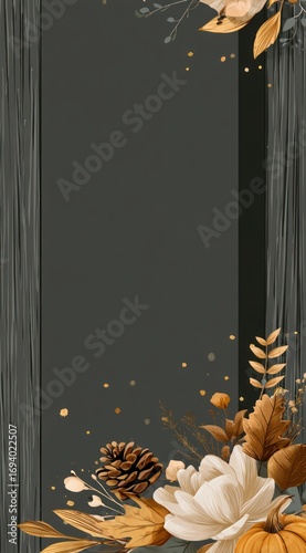 Vertical image dark grey rectangle framed by floral autumn elements on wood, with cream roses and pumpkin