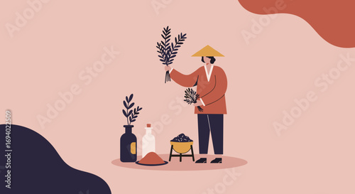 A person in a traditional Asian conical hat collects fresh herbs, representing natural remedies, traditional medicine, and holistic wellness. Useful for lifestyle and health content.