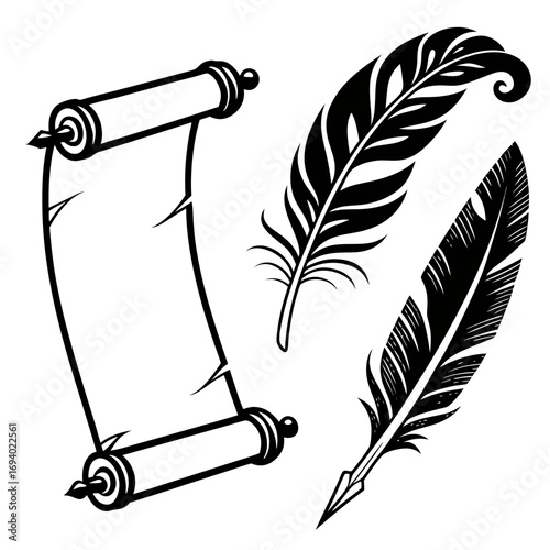 Black ink scroll and quill pens feather