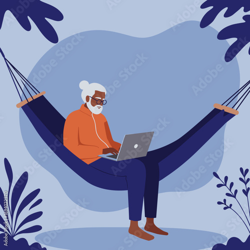 Senior man in a hammock, diligently working on his laptop outdoors. Represents remote work, flexible retirement, and a connected, relaxed lifestyle.