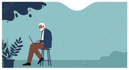 A senior man with a white beard is seen working on a laptop while sitting on a stool in a minimalist, calming, and serene outdoor setting.