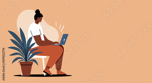 Young woman focused on remote work with laptop from a cozy home office, ideal for business, online learning, or modern lifestyle themes.