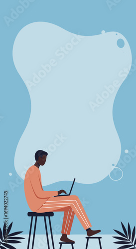 Focused man works on laptop, embodying remote productivity and digital lifestyle. Blank bubble for text or ideas. Perfect for business, tech, or creative concepts.
