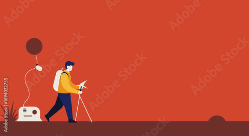 Stylized adventurer with backpack and poles explores a reddish landscape, aided by a scientific device. Ideal for discovery, future travel, and outdoor exploration.
