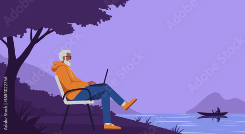Senior man working remotely on a laptop by a tranquil lake, enjoying nature. Depicts digital nomad lifestyle, work-life balance, and peaceful outdoor productivity.
