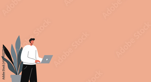Modern illustration of a man working on a laptop, with a plant. Depicts remote work, freelance, digital nomad lifestyle, productivity, and online business concepts.