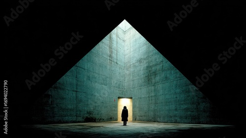 Person stands in a beam of light in a dark room under triangular opening, evocative and enigmatic