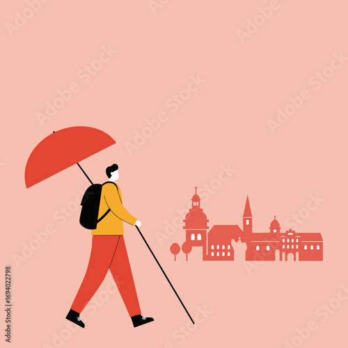Traveler with an umbrella and backpack exploring a European city skyline. Concept of urban adventure, tourism, and solo journey.