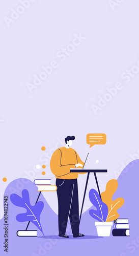 Person working on laptop in a modern study or home office setting, surrounded by books and plants. Ideal for concepts of remote work, education, or online learning.