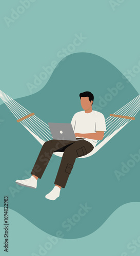 Man working remotely on a laptop while relaxing in a hammock, representing flexible work, digital nomad lifestyle, and work-life balance.