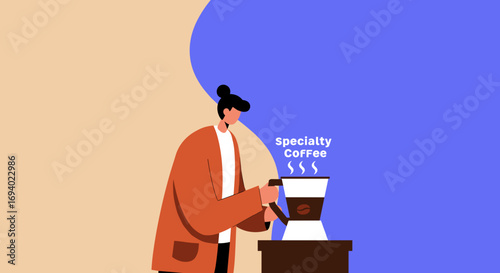 A person expertly preparing a pour-over specialty coffee, highlighting the craft of brewing a quality hot beverage. Ideal for cafe, lifestyle, or drink-related promotions.