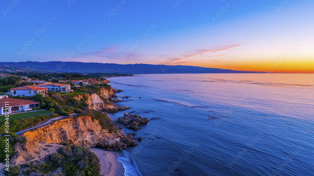 Obraz premium Breathtaking coastal view at sunrise, showcasing cliffs, ocean waves, and serene colors reflecting on water