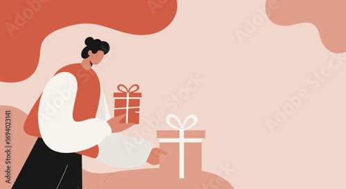 Stylized illustration of a person holding two gift boxes on a warm, abstract background. Perfect for holiday sales, celebrations, or special occasion promotions and customer appreciation.