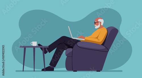 Elderly man comfortably uses a laptop in an armchair, engaging with technology at home. Represents modern senior life, remote work, and comfortable leisure.