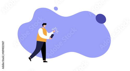 Young man using a stylus with a digital tablet, symbolizing innovation, online learning, or creative work in an abstract, modern setting. Great for tech and business concepts.