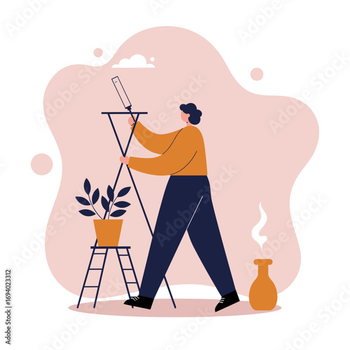 Person adjusting a telescope, with a houseplant and a diffuser nearby. Illustrates curiosity, learning, home hobbies, or personal growth.