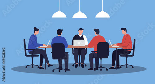 Diverse team collaborates in a modern office meeting, discussing projects and strategy with laptops. Ideal for business, technology, and teamwork concepts.