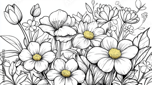 Wallpaper Mural Beautiful floral illustration featuring various flowers with intricate details and outlines, perfect for coloring Torontodigital.ca