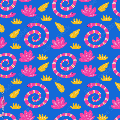 Seamless cute cartoon snake pattern with leaves, modern flat vector illustration for kids design, trendy reptile animal background for textile and wallpaper.