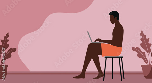 Man working remotely on laptop at home, sitting casually on a stool with plants. Represents modern remote work, freelance lifestyle, and productivity.