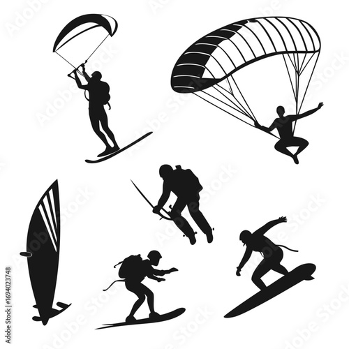 Foto Black silhouettes of people engaged in extreme sports surfing kitesurfing