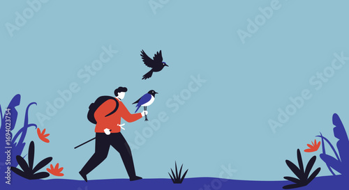Person with backpack and walking stick, interacting with birds in a stylized natural environment. Represents outdoor adventure, wildlife, and exploration.