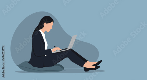 Professional woman working remotely on laptop with a stylus, sitting comfortably. Represents productivity, flexible work, and modern business lifestyle.