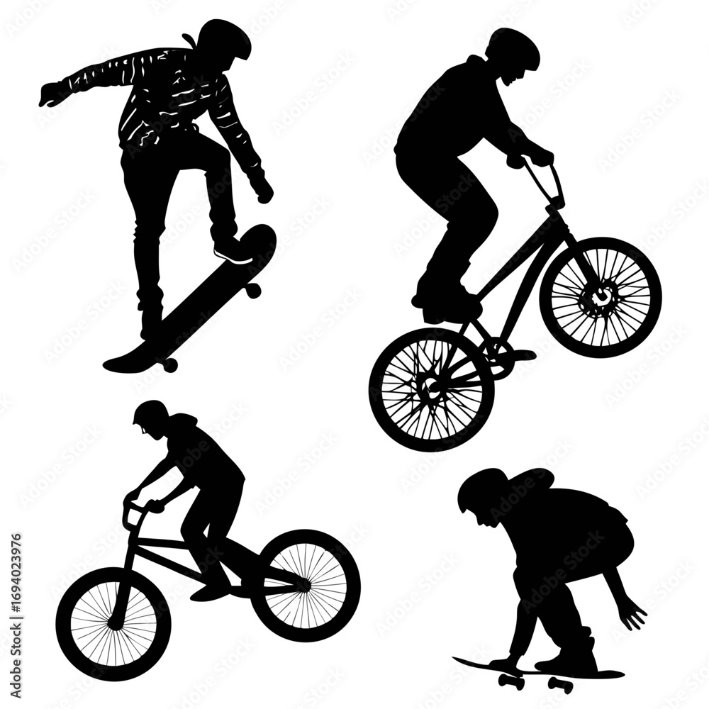 Naklejka premium Black silhouettes skateboarders and bmx riders performing tricks vector