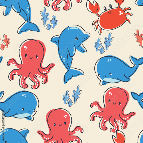 Seamless Pattern with Octopus and Dolphin Vector, Cute Sea Animals Hand Drawn Kids Summer Print textile