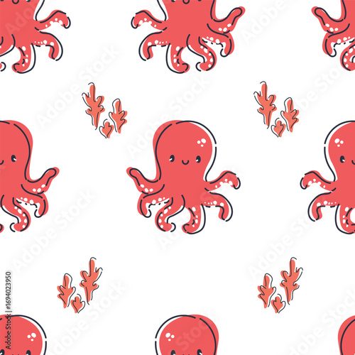 Seamless Pattern with Cute Red Octopus Vector Illustration Hand Drawn Kids Summer Print textile