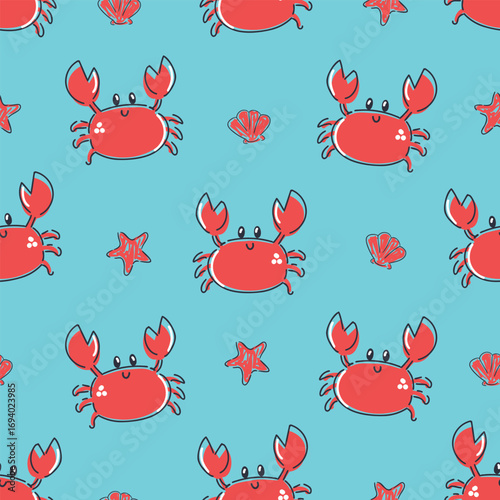 Seamless Pattern with Cute Red Crabs and Starfish Vector Illustration Kids Summer Print textile