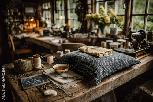 Cozy Vintage Sewing Room with Rustic Charm and Warm Natural Light