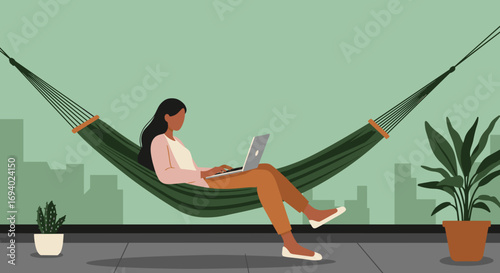 Woman working remotely on a laptop while relaxing in a hammock on a city rooftop. Represents flexible work, modern lifestyle, and freedom.