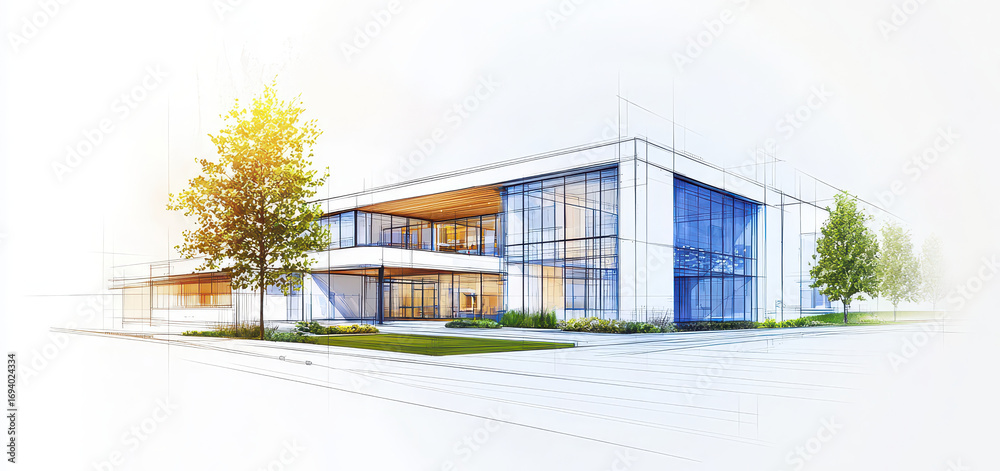 Obraz premium Modern architectural design showcases contemporary building with large glass windows and sleek exterior. structure
