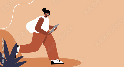 Modern person walking outdoors while engaged with a tablet, symbolizing digital communication, learning, and mobile productivity. Ideal for tech, business, and lifestyle content.