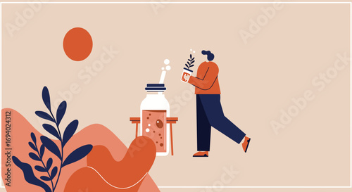 Person preparing a natural, plant-based drink or wellness product. Concept of healthy lifestyle, sustainability, and organic living.