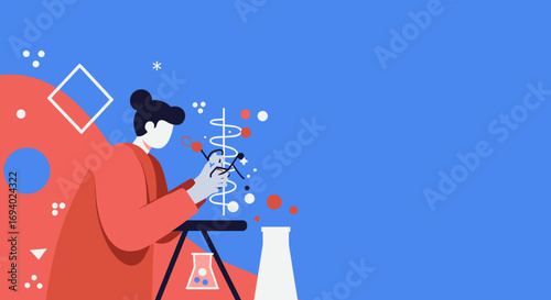 Scientist illustration conducting research, exploring genetic structures and chemical reactions in a lab. Symbolizes innovation, discovery, and scientific advancement.