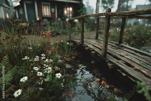 Tranquil Rustic Bridge over Babbling Stream in Countryside Setting
