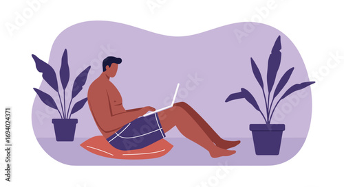 Man working on laptop in a relaxed home setting with plants, representing modern remote work, digital lifestyle, and comfort.