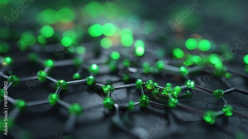 High Fidelity Creative Illustration of Graphene Technology with Luminous Green Particles