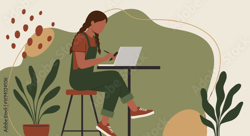 Focused woman working remotely on laptop and phone in a modern, casual setting with natural elements. Ideal for concepts of productivity, digital lifestyle, and online learning.